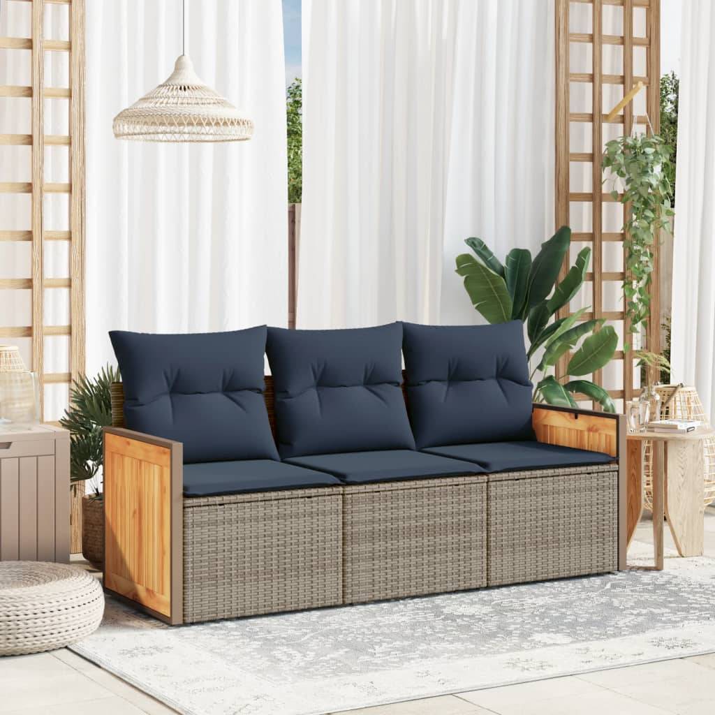 vidaXL 3-teiliges Gartensofa-Set mit Kissen, grau, Polyrattan