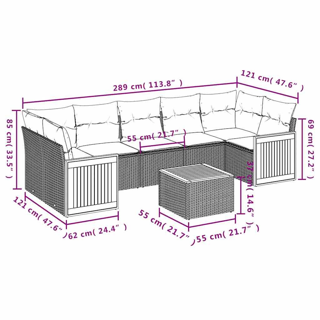 vidaXL 8-teiliges Gartensofa-Set mit Kissen, grau, Polyrattan