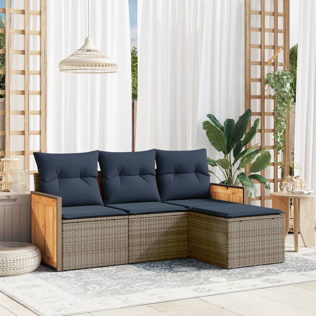 vidaXL 4-teiliges Gartensofa-Set mit Kissen, grau, Polyrattan