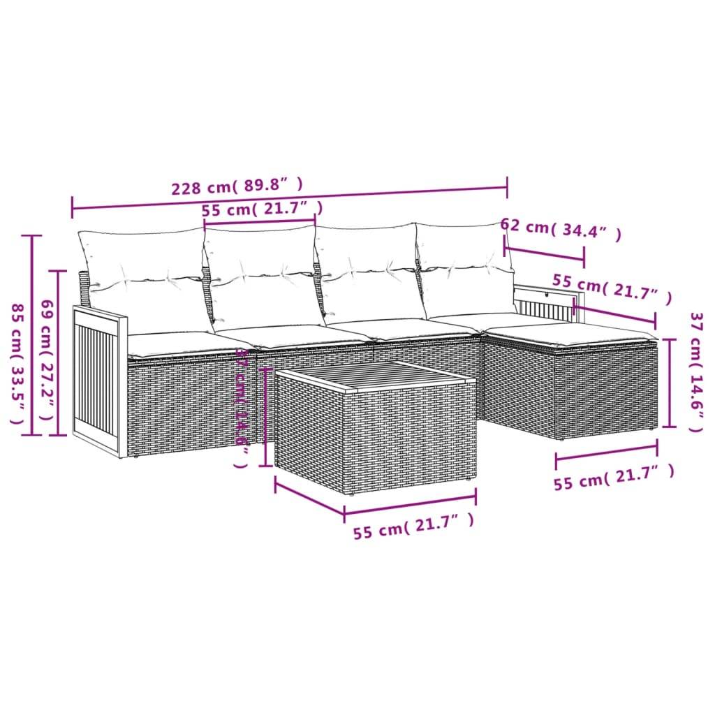 vidaXL 6-teiliges Gartensofa-Set mit Kissen, grau, Polyrattan