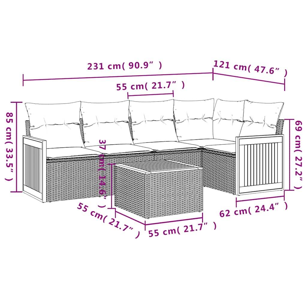 vidaXL 6-teiliges Gartensofa-Set mit Kissen, grau, Polyrattan