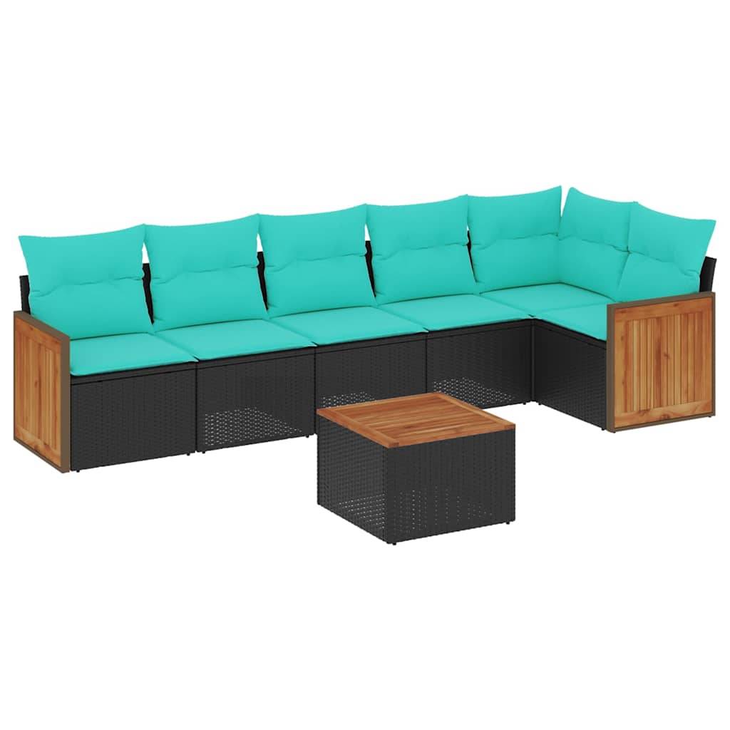 vidaXL 7-teiliges Gartensofa-Set mit Kissen, schwarzes Polyrattan