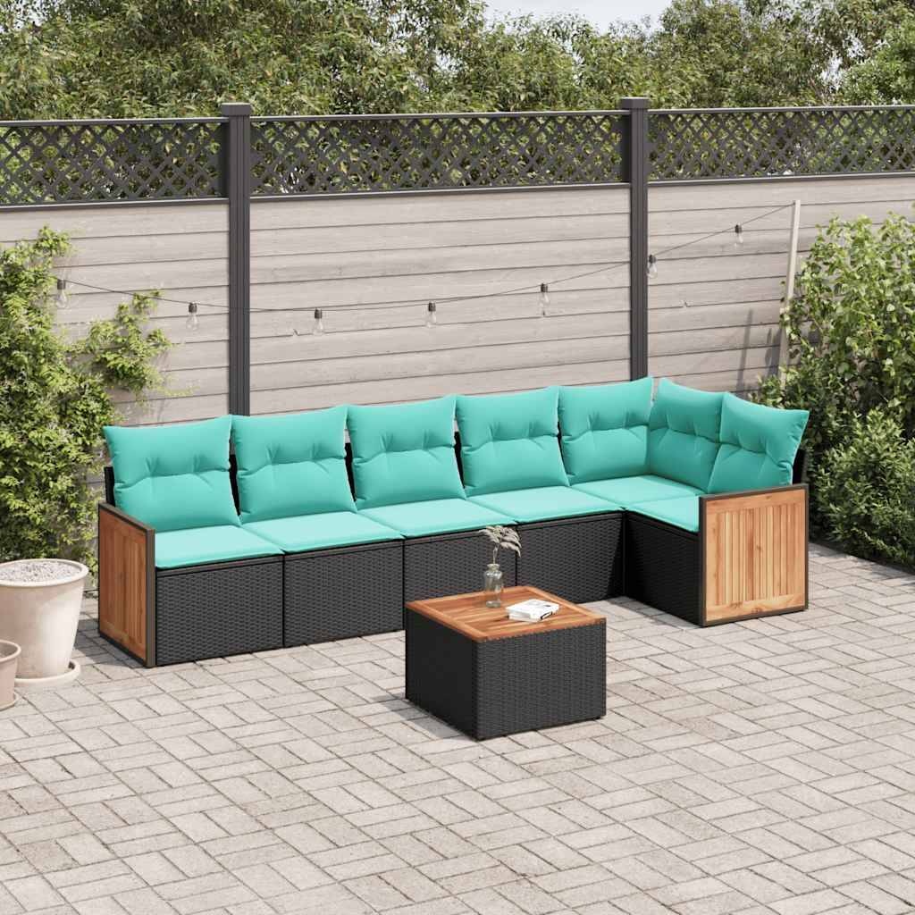 vidaXL 7-teiliges Gartensofa-Set mit Kissen, schwarzes Polyrattan