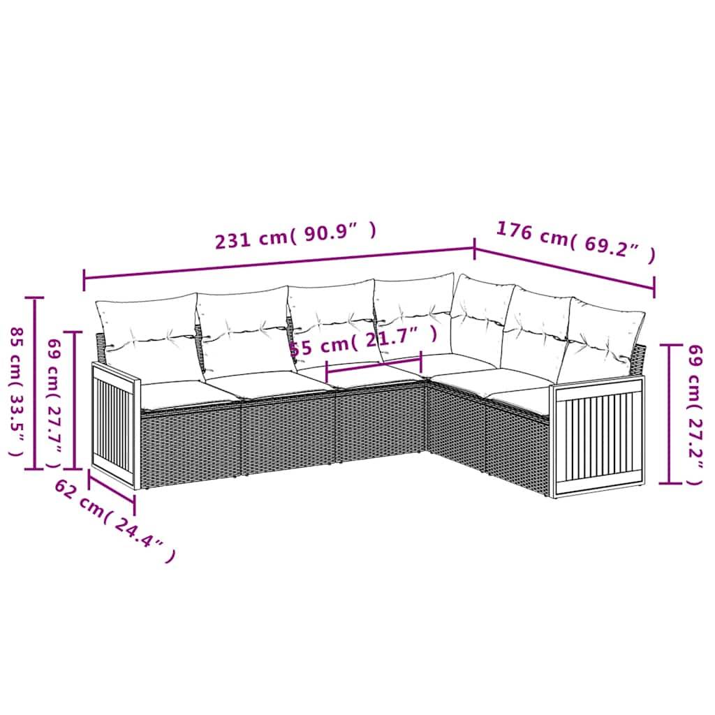 vidaXL 6-teiliges Gartensofa-Set mit Kissen, schwarzes Polyrattan