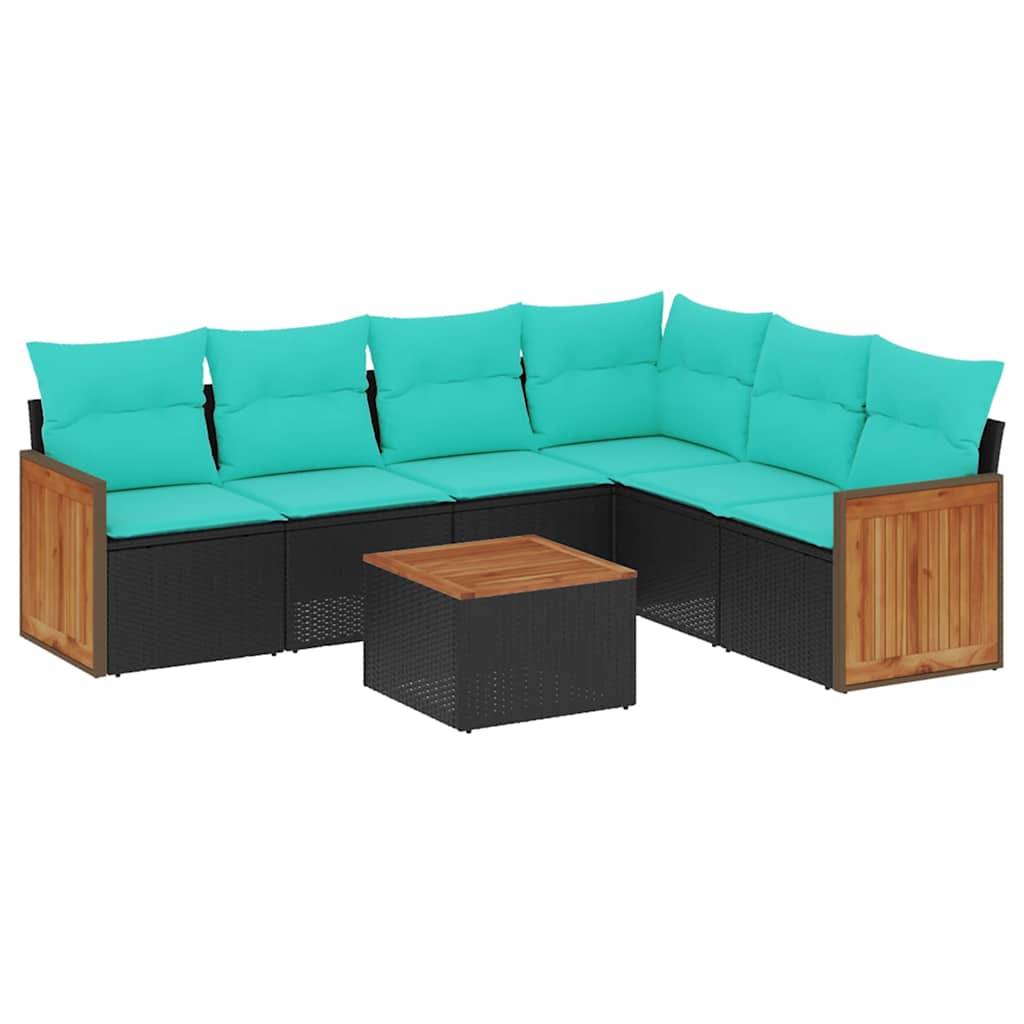 vidaXL 7-teiliges Gartensofa-Set mit Kissen, schwarzes Polyrattan