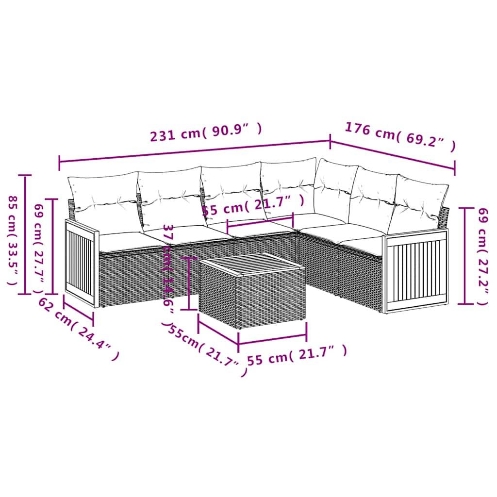 vidaXL 7-teiliges Gartensofa-Set mit Kissen, schwarzes Polyrattan
