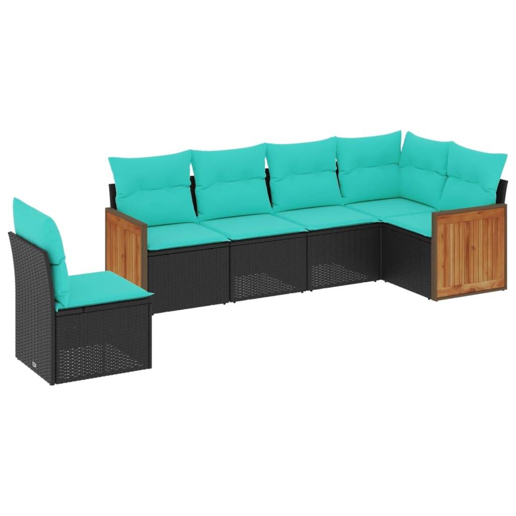 vidaXL 6-teiliges Gartensofa-Set mit Kissen, schwarzes Polyrattan