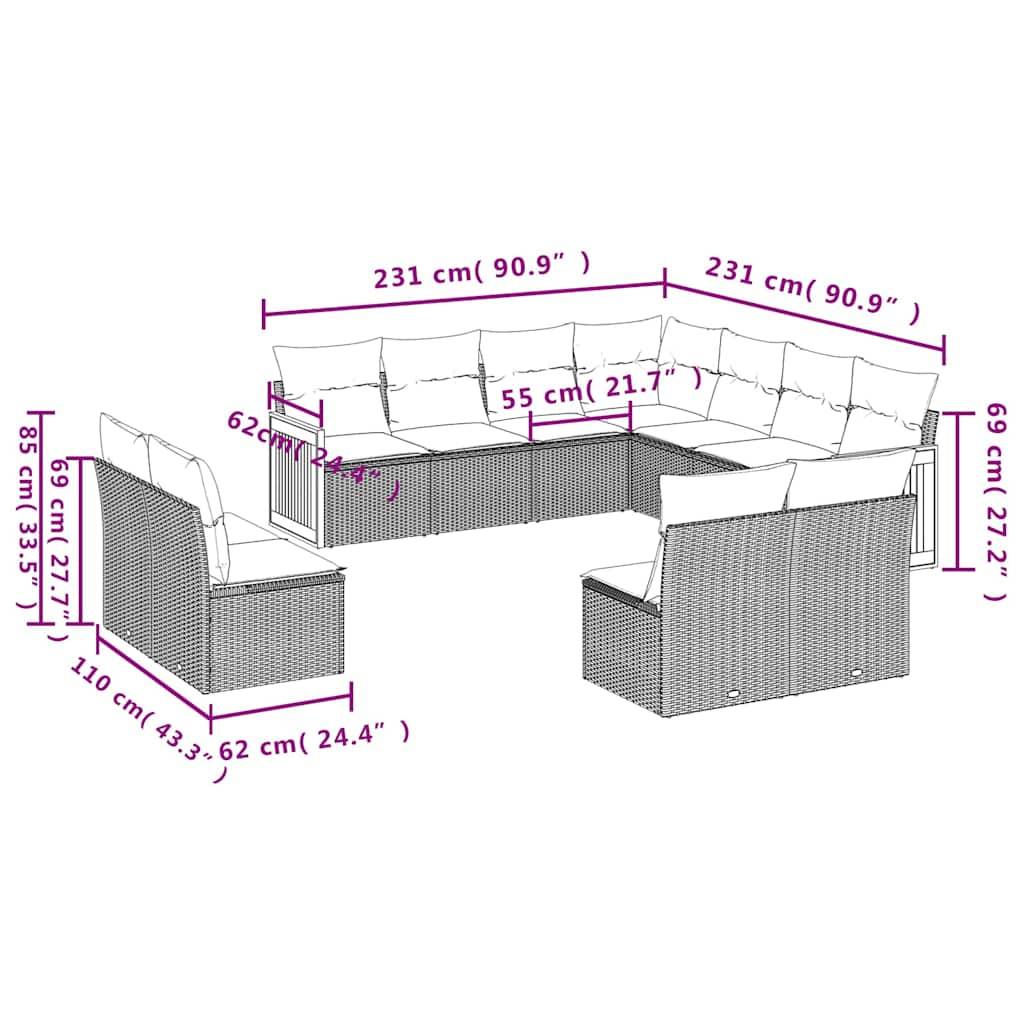 vidaXL 11-teiliges Gartensofa-Set mit Kissen, schwarzes Polyrattan
