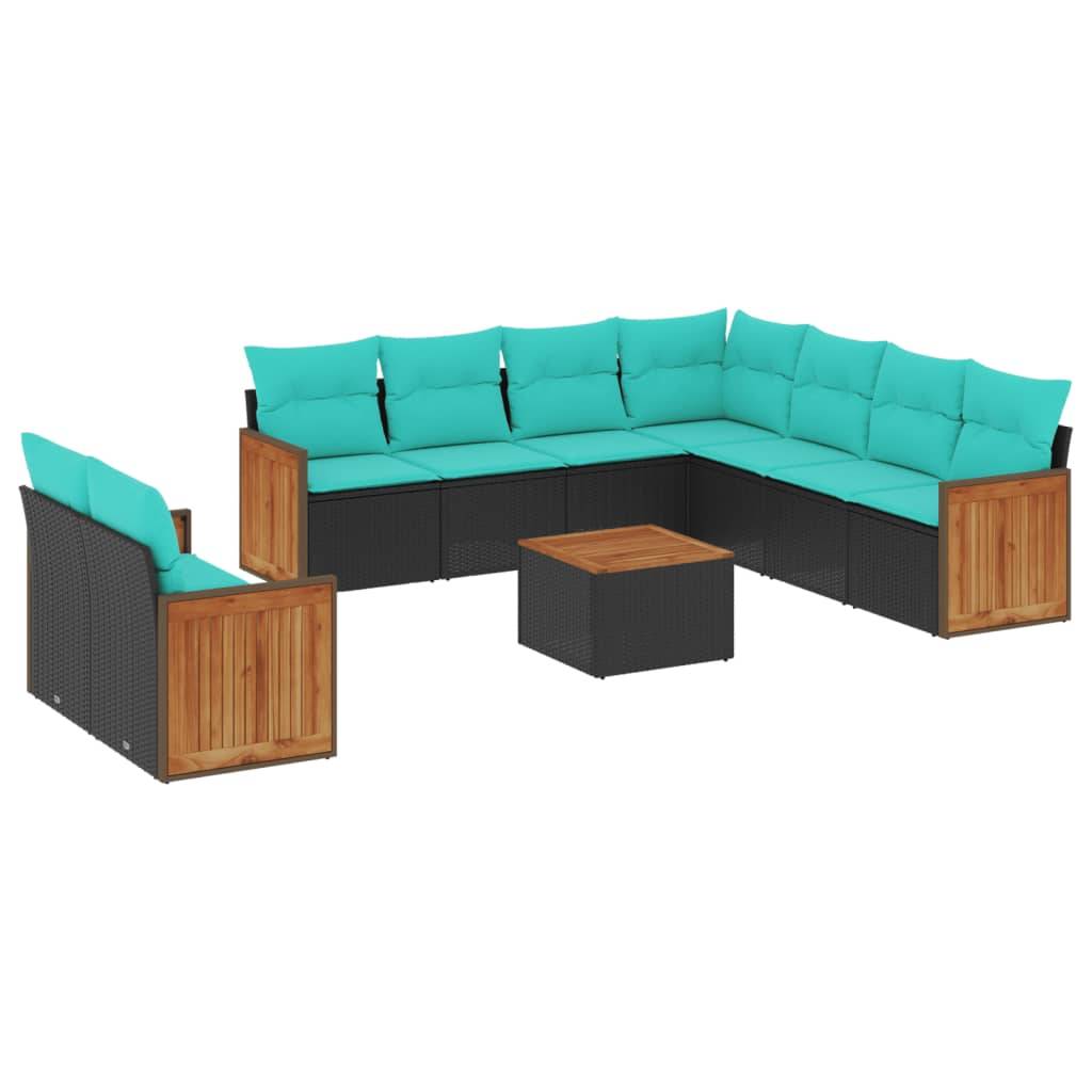 vidaXL 10-teiliges Gartensofa-Set mit Kissen, schwarzes Polyrattan