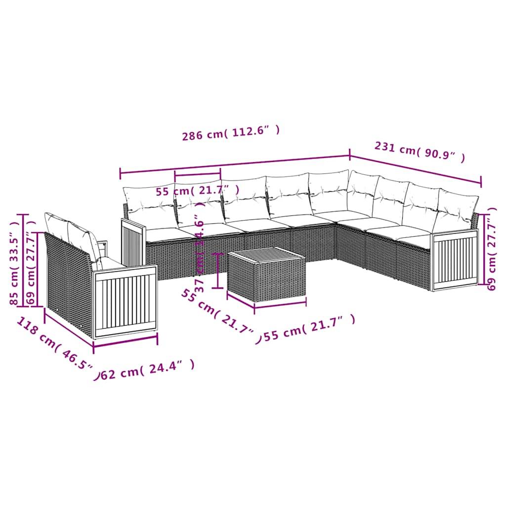 vidaXL 11-teiliges Gartensofa-Set mit Kissen, schwarzes Polyrattan