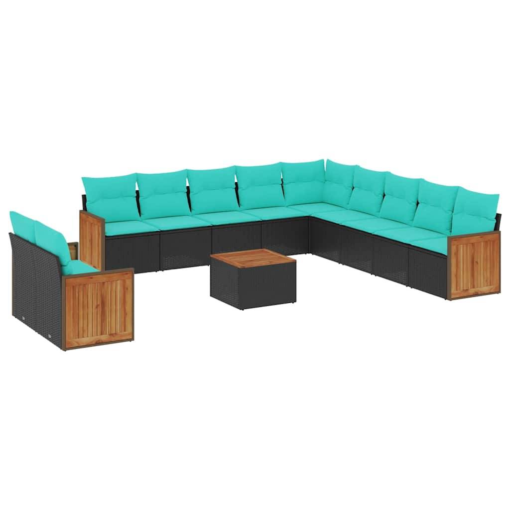vidaXL 12-teiliges Gartensofa-Set mit Kissen, schwarzes Polyrattan