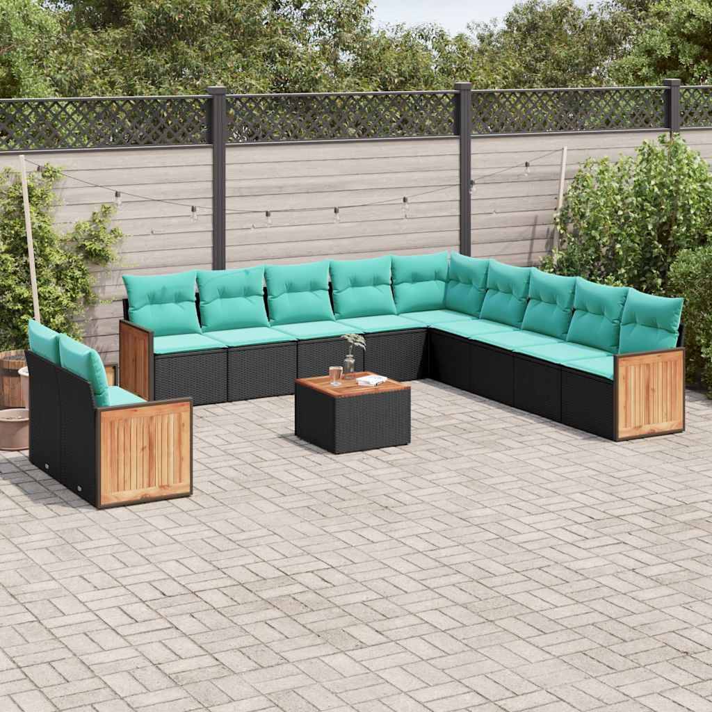 vidaXL 12-teiliges Gartensofa-Set mit Kissen, schwarzes Polyrattan