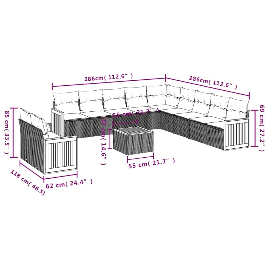 vidaXL 12-teiliges Gartensofa-Set mit Kissen, schwarzes Polyrattan