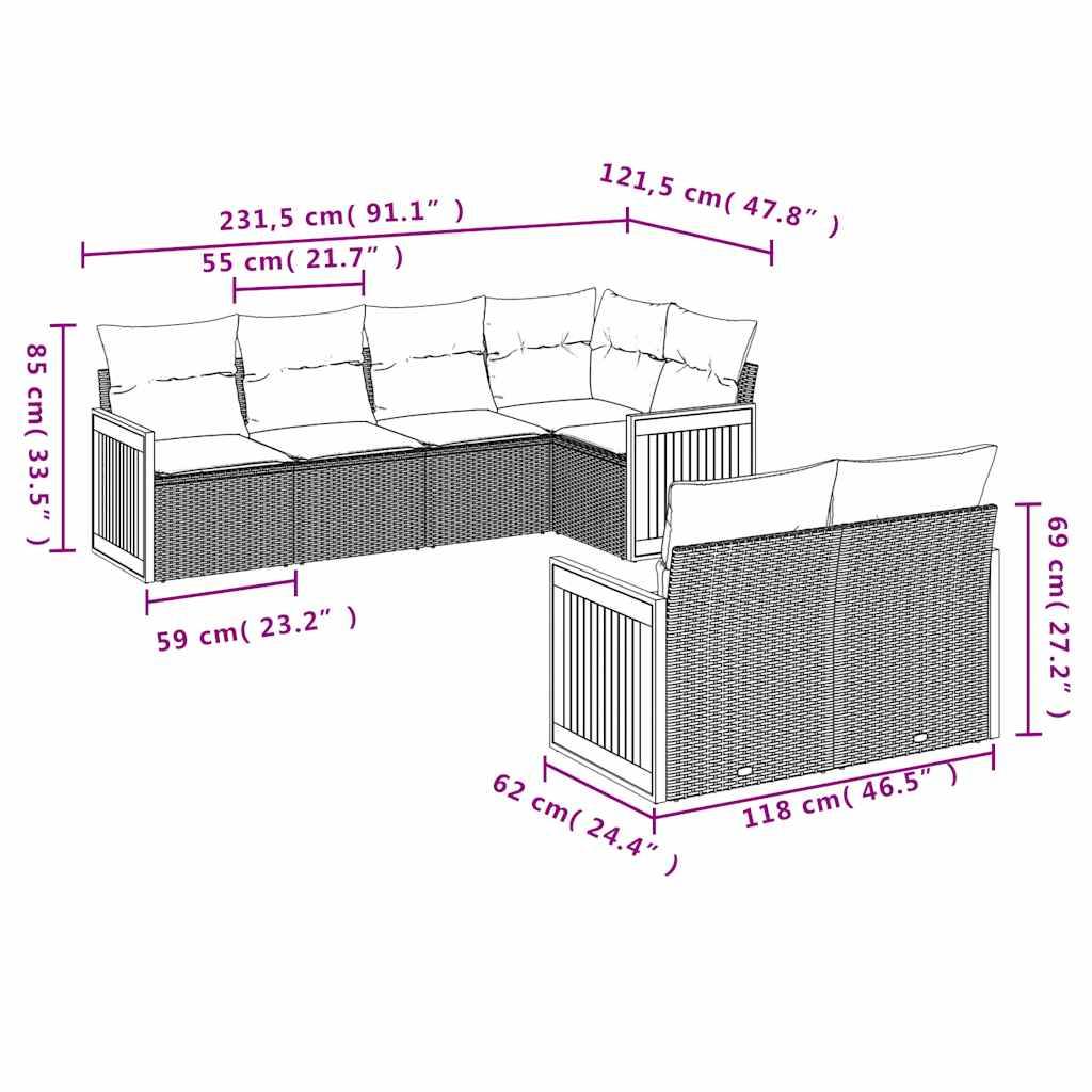 vidaXL 7-teiliges Gartensofa-Set mit Kissen, schwarzes Polyrattan