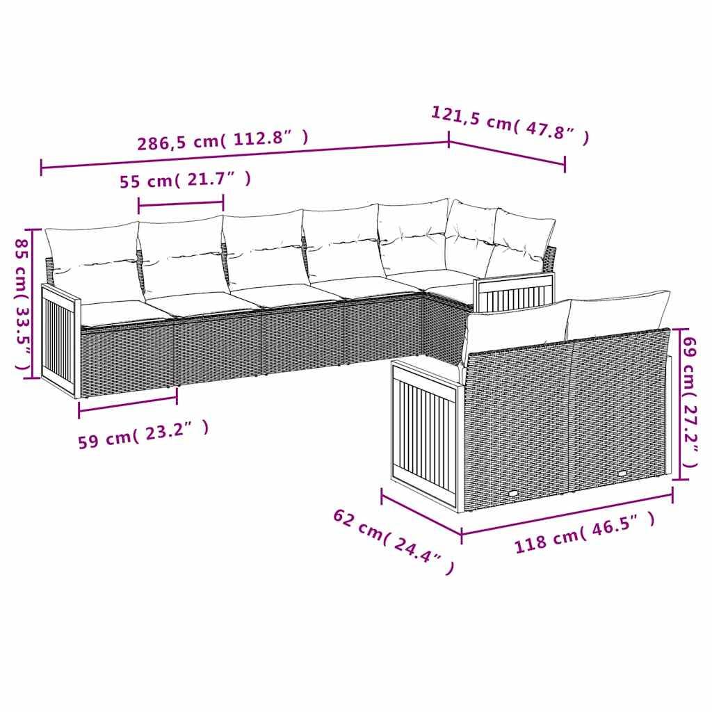 vidaXL 8-teiliges Gartensofa-Set mit Kissen, schwarzes Polyrattan