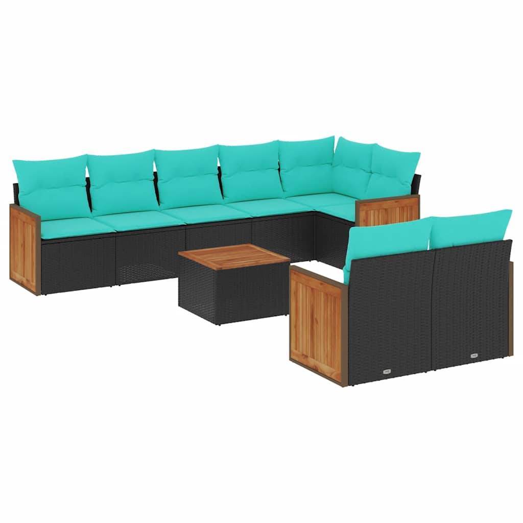 vidaXL 9-teiliges Gartensofa-Set mit Kissen, schwarzes Polyrattan