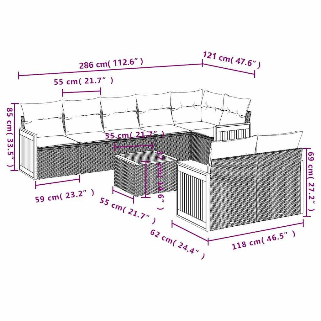 vidaXL 9-teiliges Gartensofa-Set mit Kissen, schwarzes Polyrattan