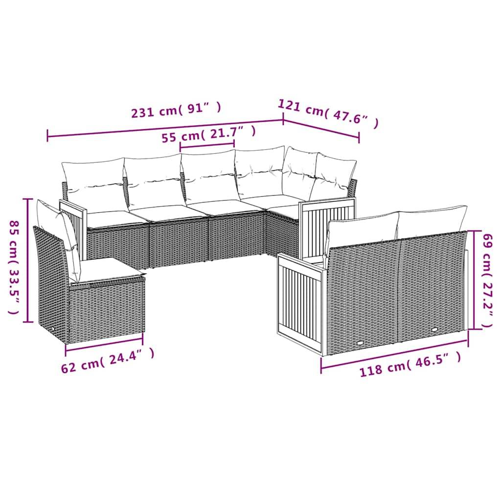vidaXL 8-teiliges Gartensofa-Set mit Kissen, schwarzes Polyrattan