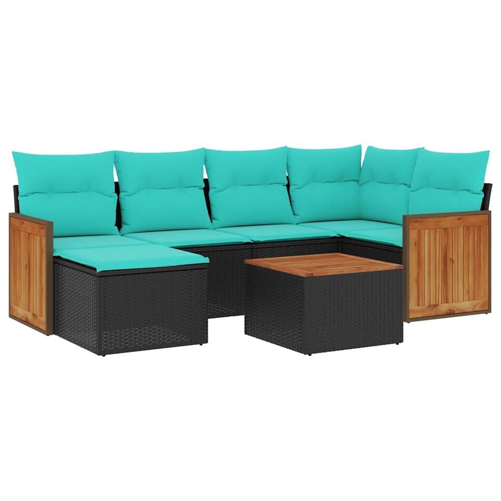 vidaXL 7-teiliges Gartensofa-Set mit Kissen, schwarzes Polyrattan