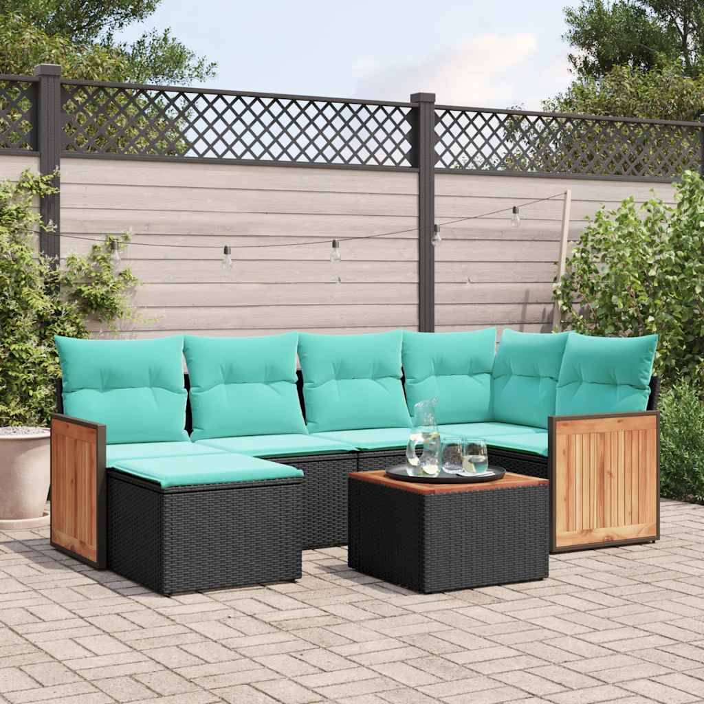 vidaXL 7-teiliges Gartensofa-Set mit Kissen, schwarzes Polyrattan