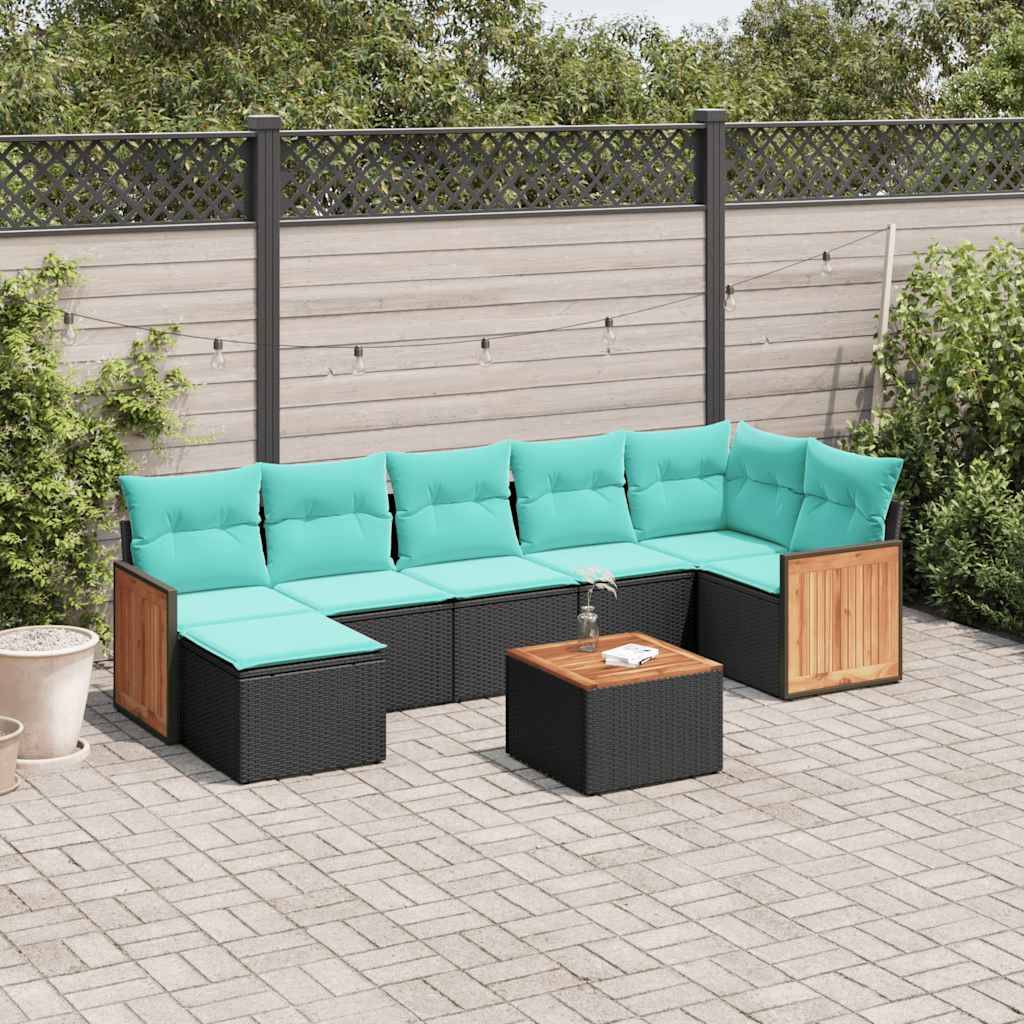 vidaXL 8-teiliges Gartensofa-Set mit Kissen, schwarzes Polyrattan