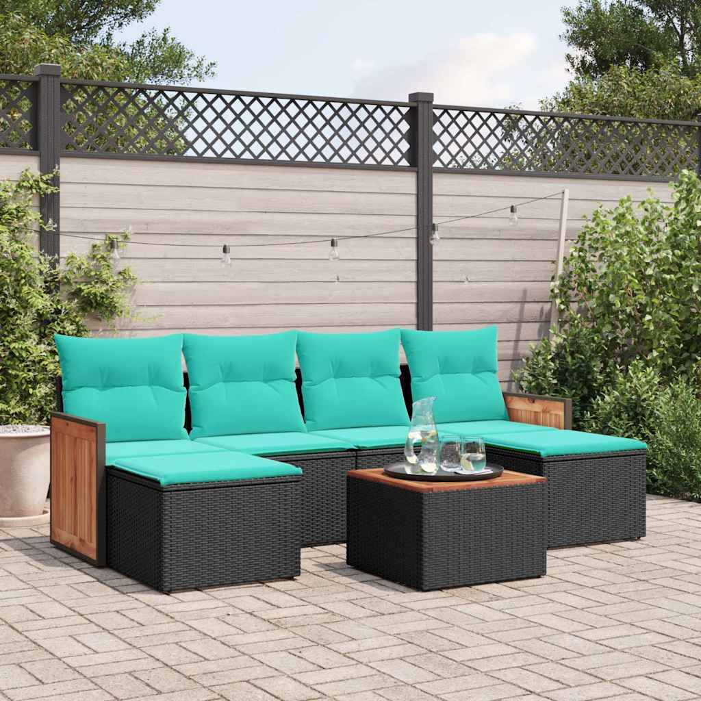 vidaXL 7-teiliges Gartensofa-Set mit Kissen, schwarzes Polyrattan