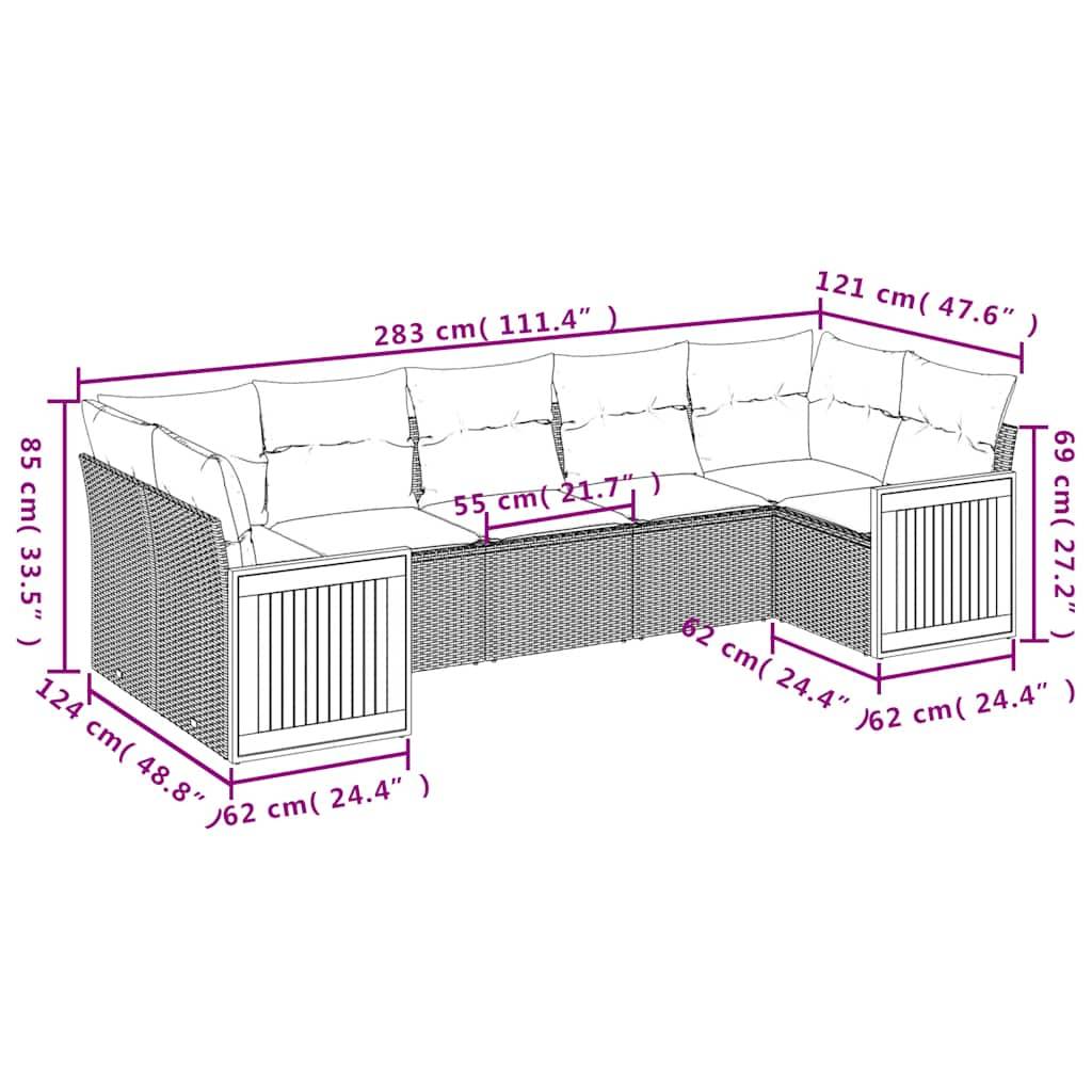 vidaXL 7-teiliges Gartensofa-Set mit Kissen, schwarzes Polyrattan