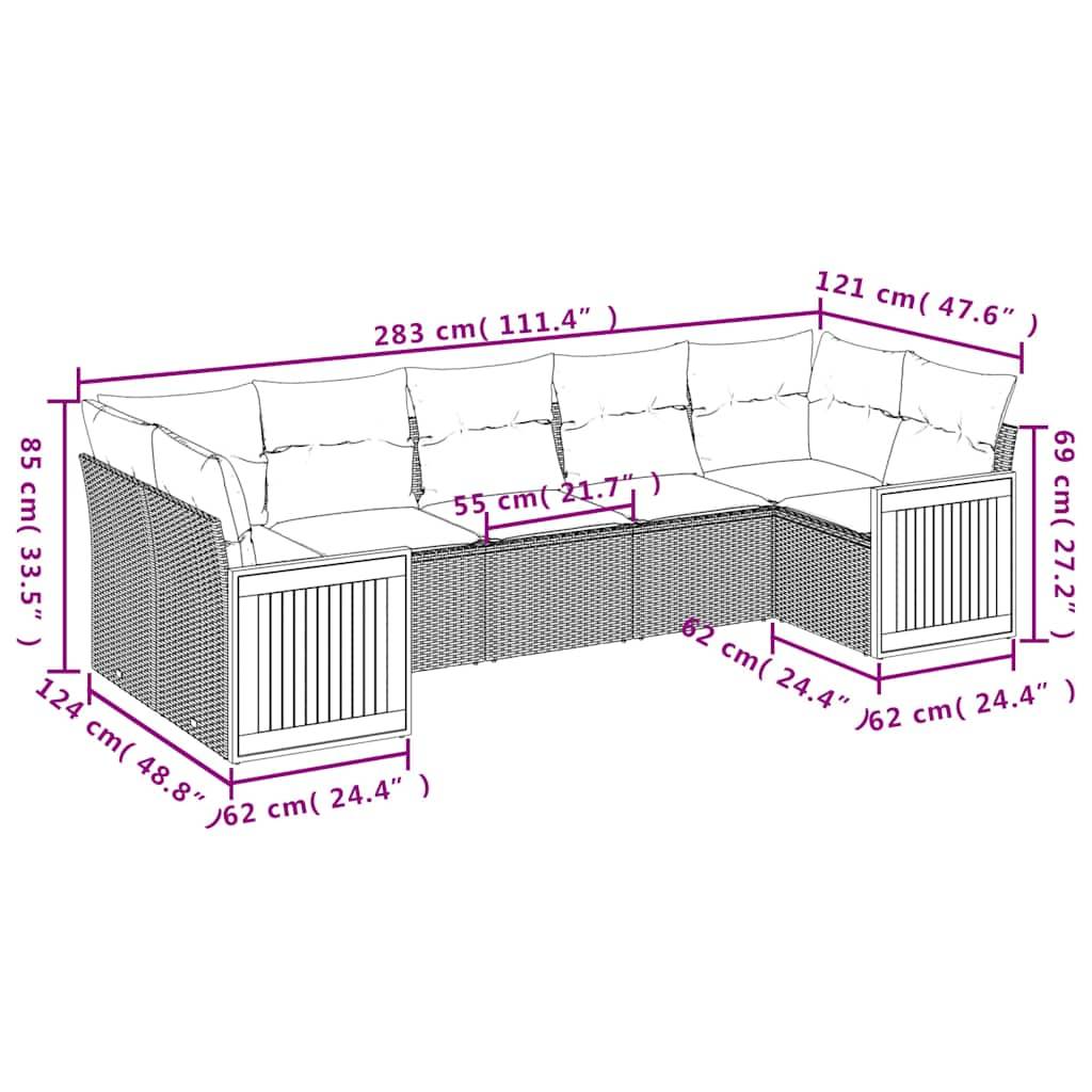 vidaXL 7-teiliges Gartensofa-Set mit Kissen, grau, Polyrattan