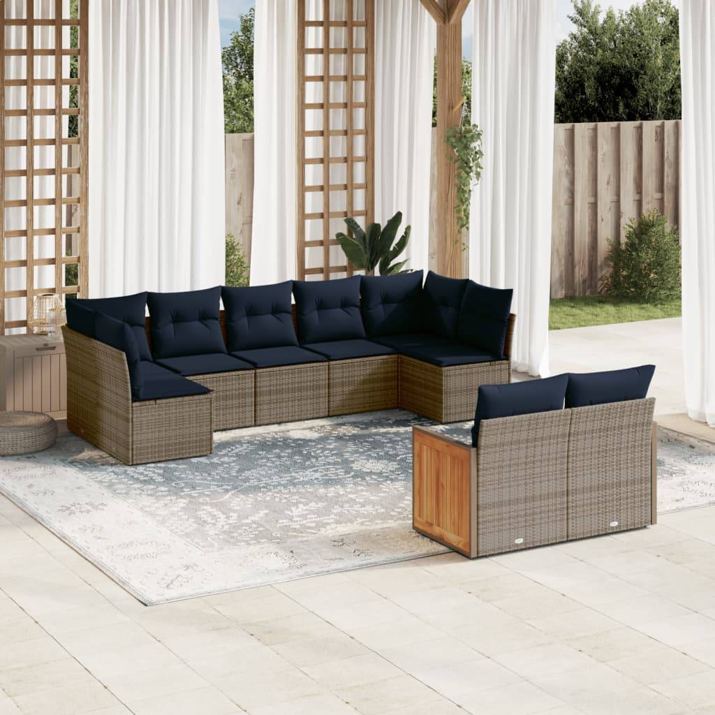 vidaXL 9-teiliges Gartensofa-Set mit Kissen, grau, Polyrattan