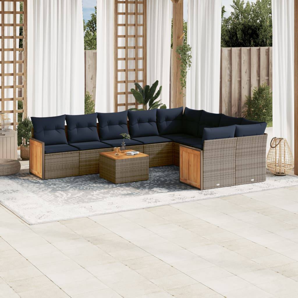 vidaXL 10-teiliges Gartensofa-Set mit Kissen, grau, Polyrattan