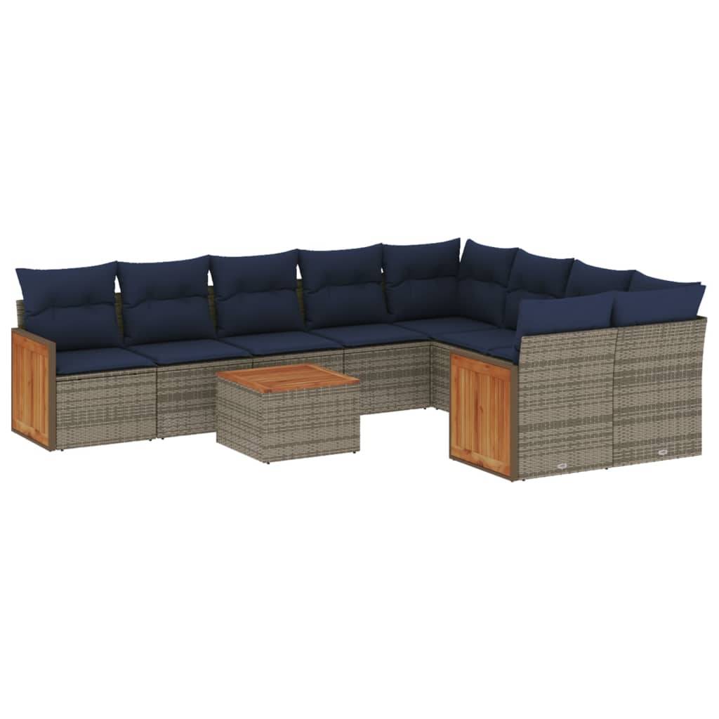 vidaXL 10-teiliges Gartensofa-Set mit Kissen, grau, Polyrattan