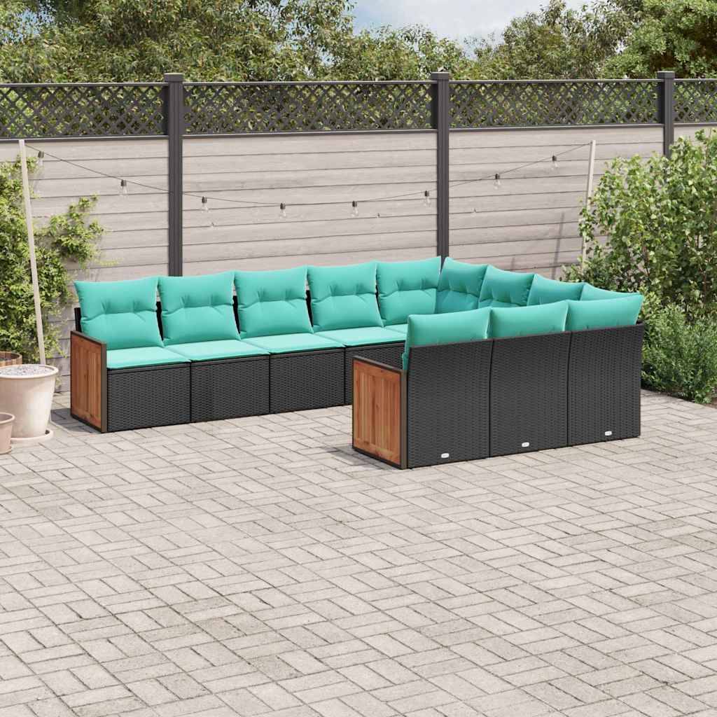 vidaXL 10-teiliges Gartensofa-Set mit Kissen, schwarzes Polyrattan