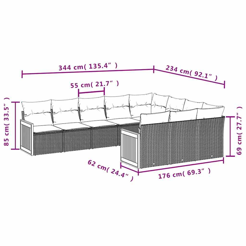 vidaXL 10-teiliges Gartensofa-Set mit Kissen, schwarzes Polyrattan