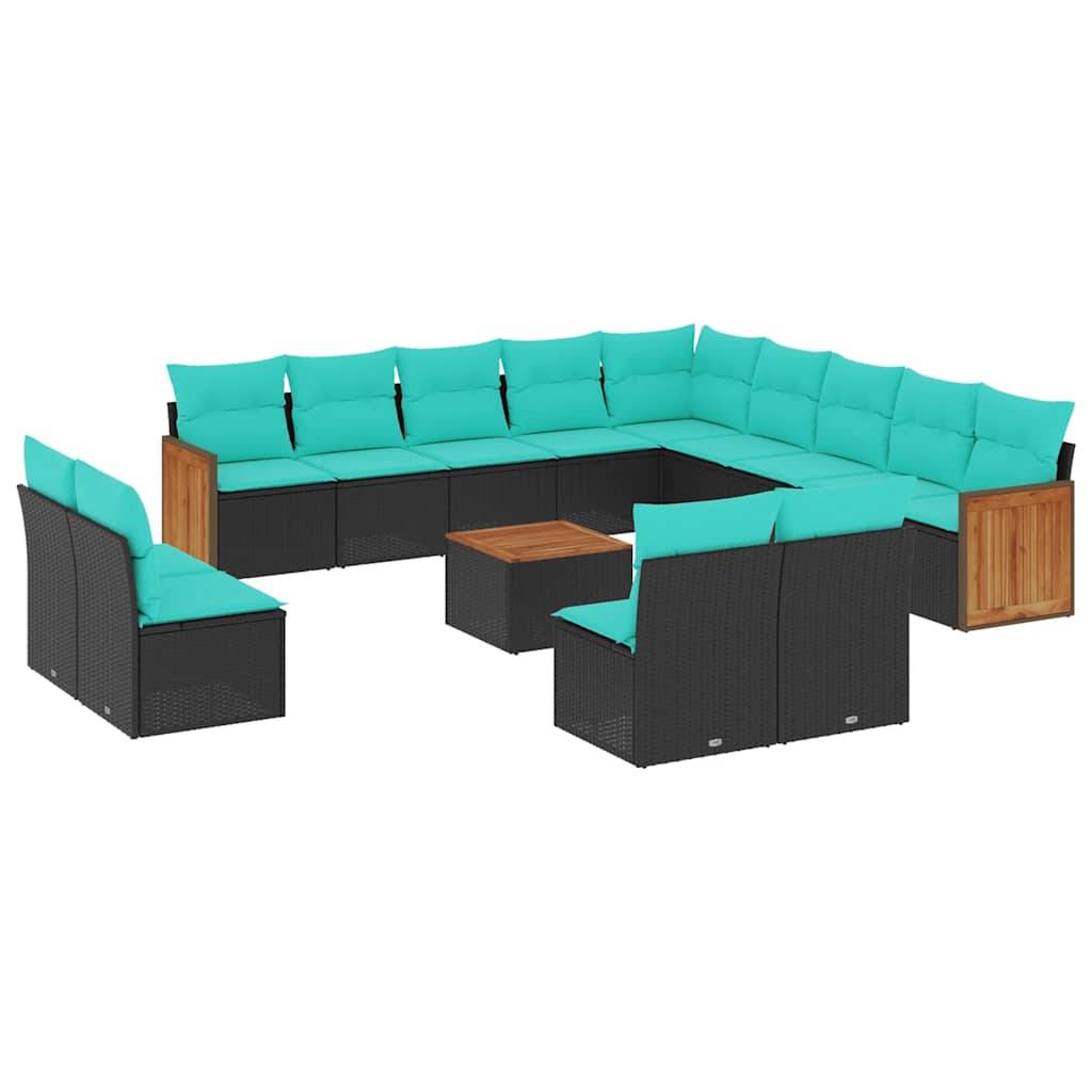 vidaXL 14-teiliges Gartensofa-Set mit Kissen, schwarzes Polyrattan