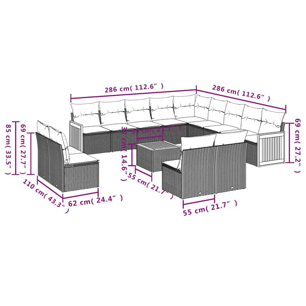 vidaXL 14-teiliges Gartensofa-Set mit Kissen, schwarzes Polyrattan