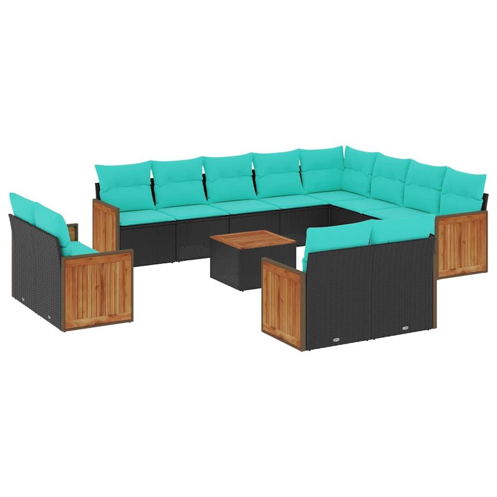 vidaXL 13-teiliges Gartensofa-Set mit Kissen, schwarzes Polyrattan