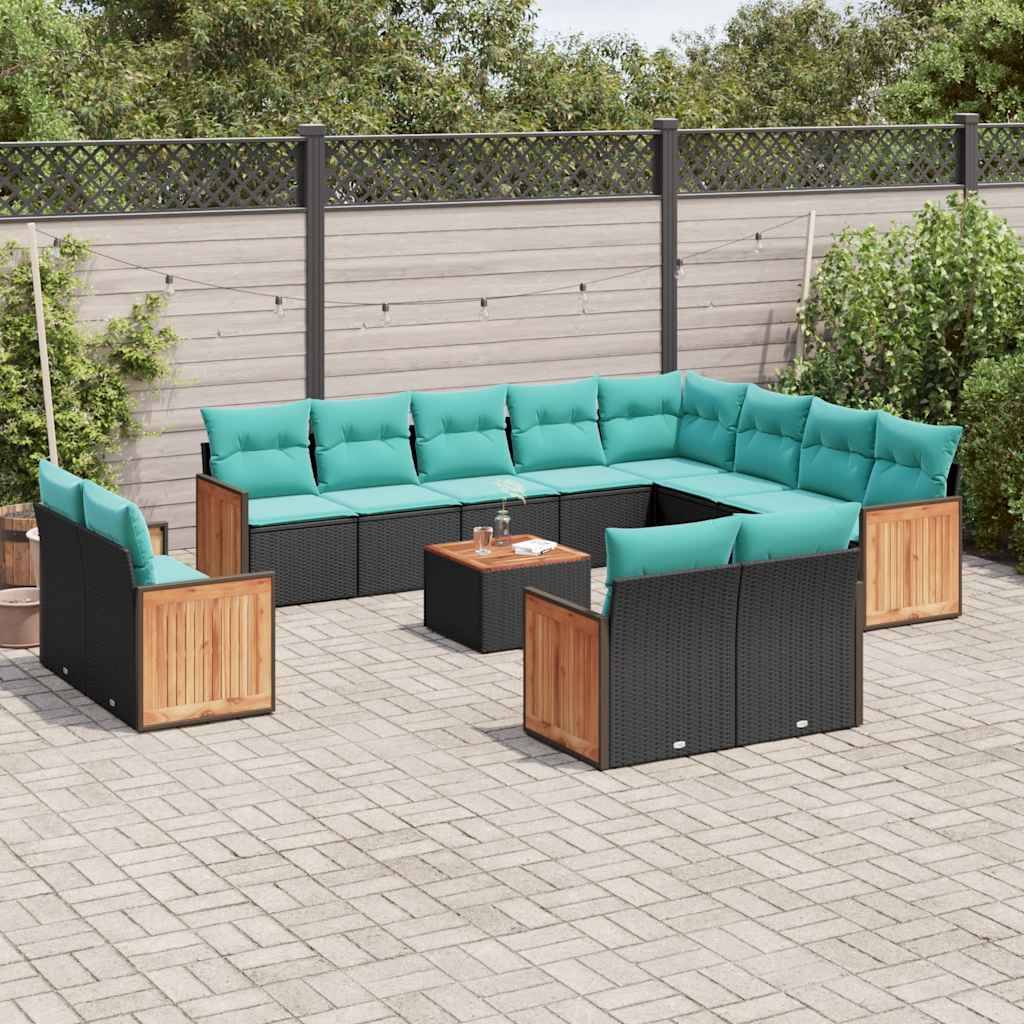 vidaXL 13-teiliges Gartensofa-Set mit Kissen, schwarzes Polyrattan