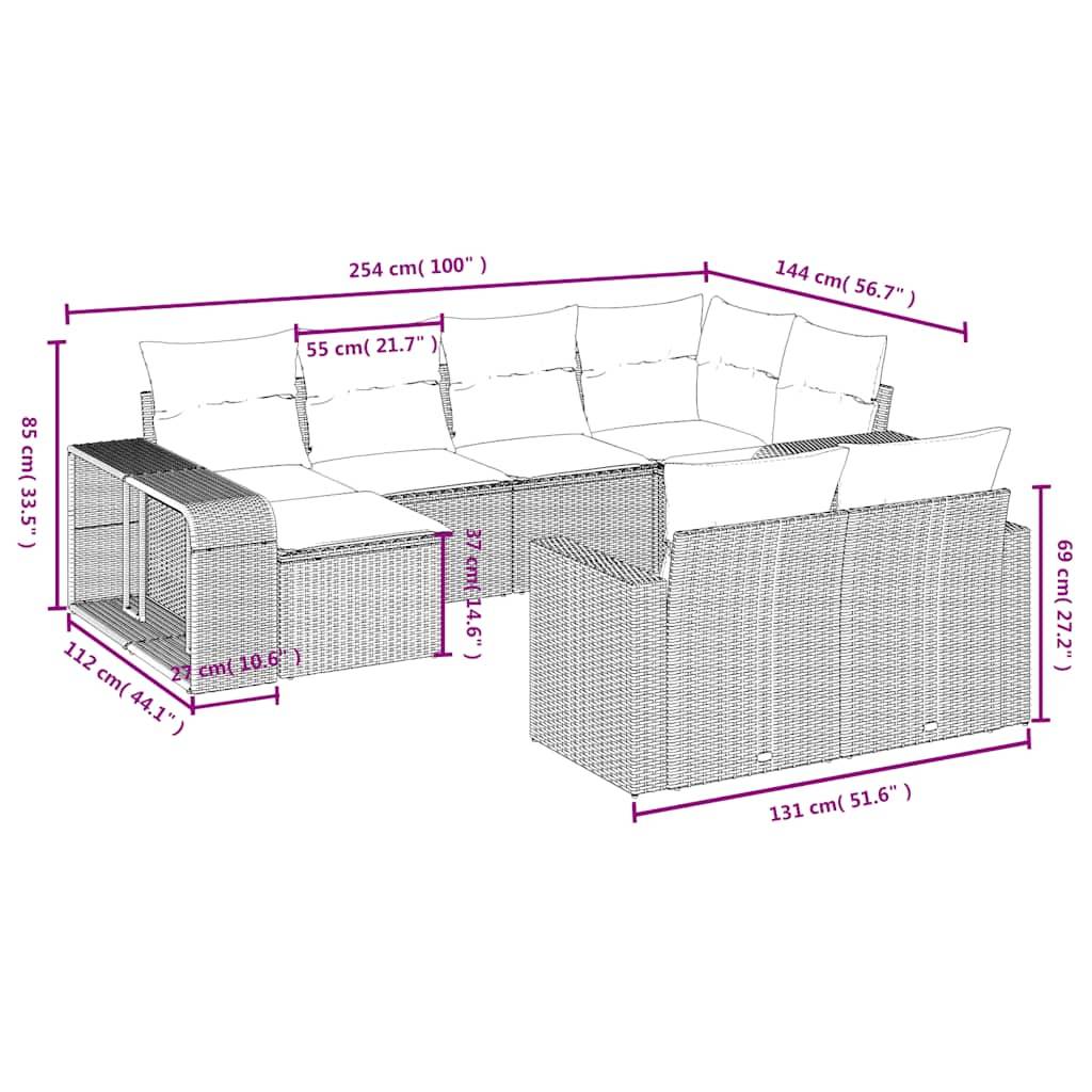 vidaXL 10-teiliges Gartensofa-Set mit Kissen, schwarzes Polyrattan