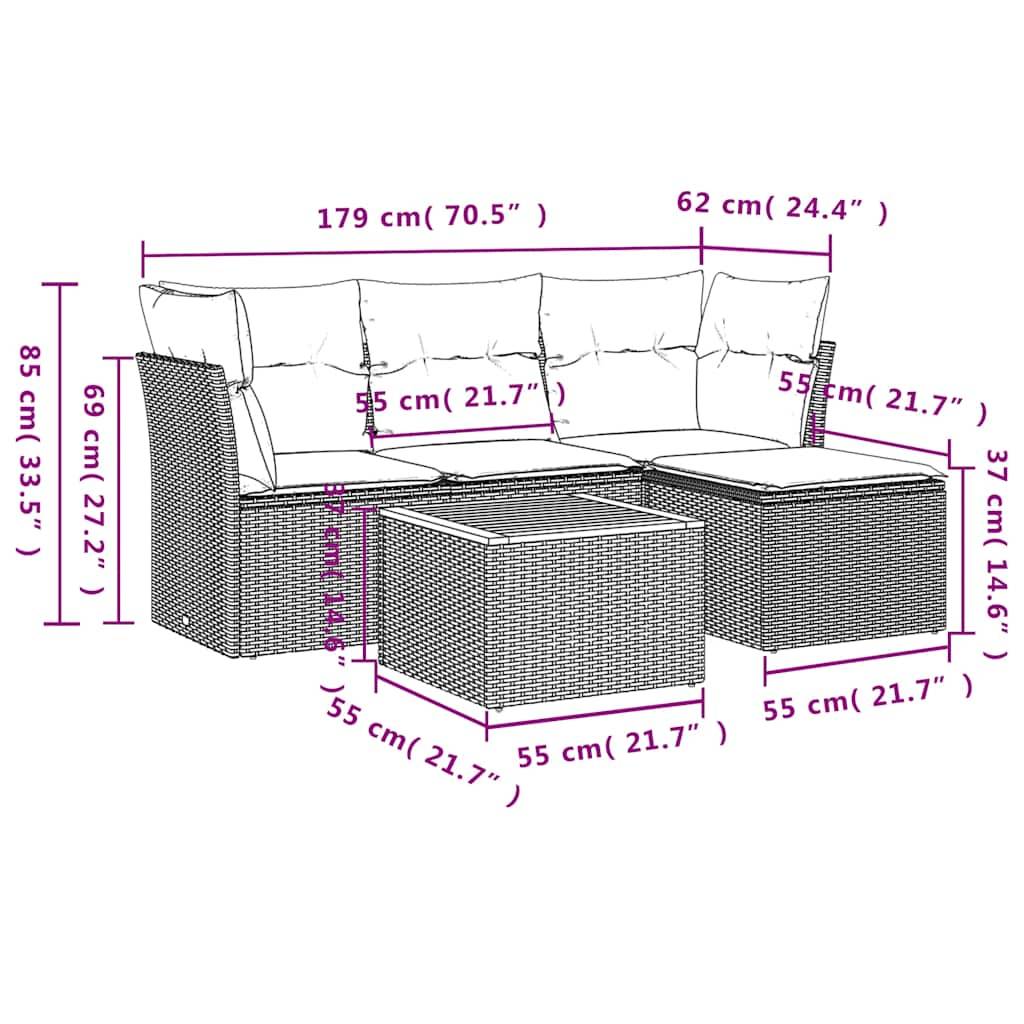 vidaXL 5-teiliges Gartensofa-Set mit Kissen, grau, Polyrattan