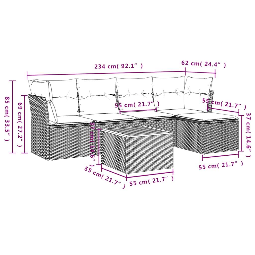 vidaXL 6-teiliges Gartensofa-Set mit Kissen, grau, Polyrattan