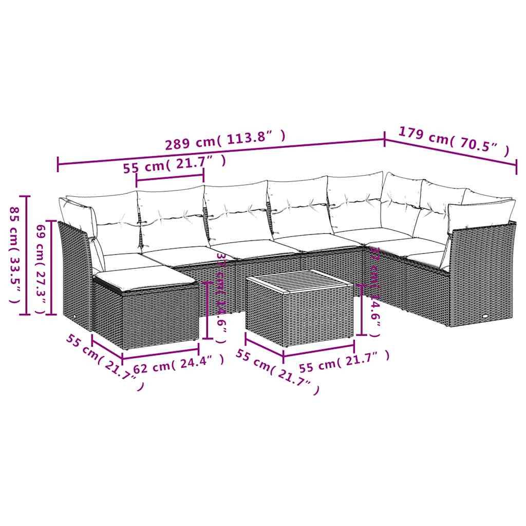 vidaXL 9-teiliges Gartensofa-Set mit Kissen, grau, Polyrattan