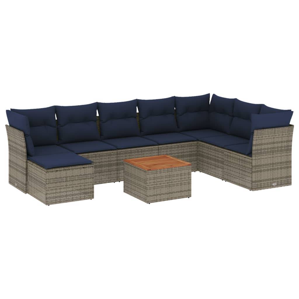 vidaXL 9-teiliges Gartensofa-Set mit Kissen, grau, Polyrattan