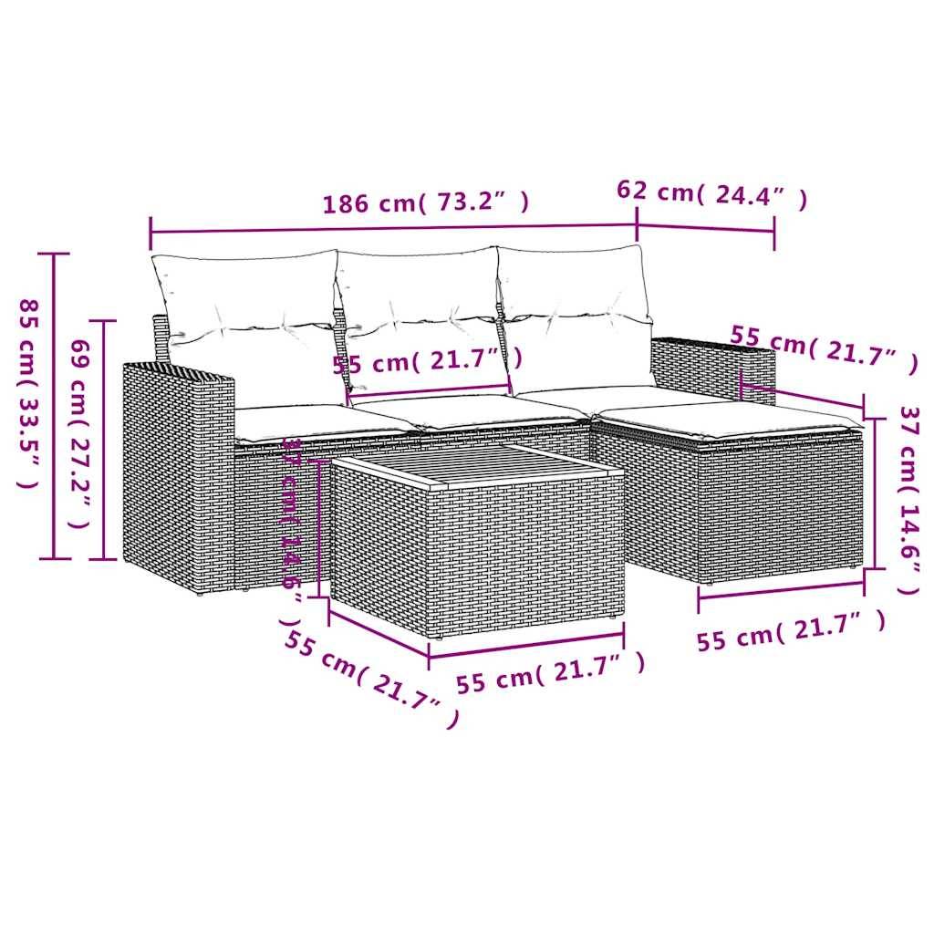 vidaXL 5-teiliges Gartensofa-Set mit Kissen, grau, Polyrattan