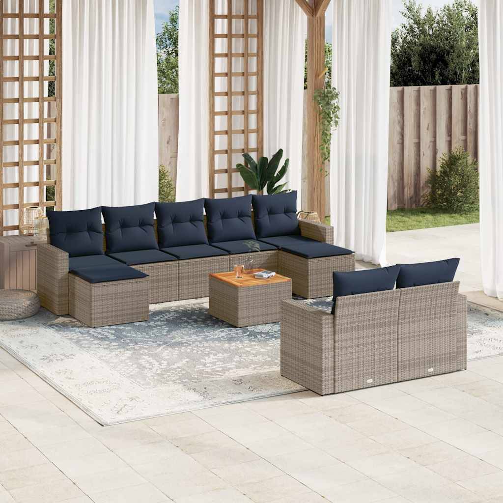 vidaXL 10-teiliges Gartensofa-Set mit Kissen, grau, Polyrattan
