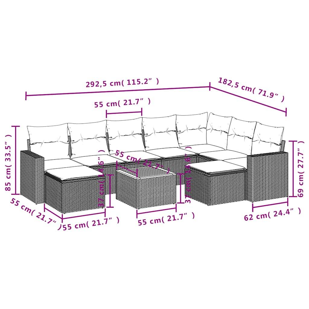 vidaXL 10-teiliges Gartensofa-Set mit Kissen, grau, Polyrattan