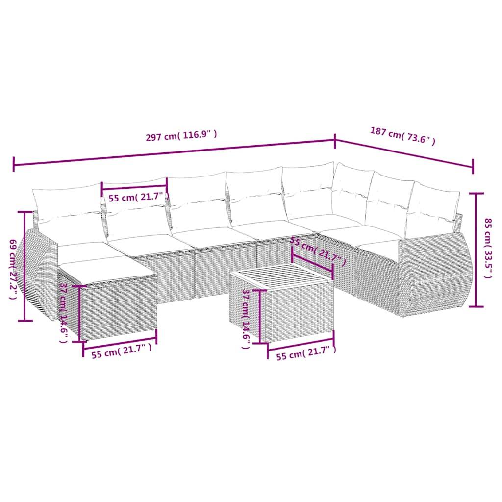 vidaXL 9-teiliges Gartensofa-Set mit Kissen, grau, Polyrattan