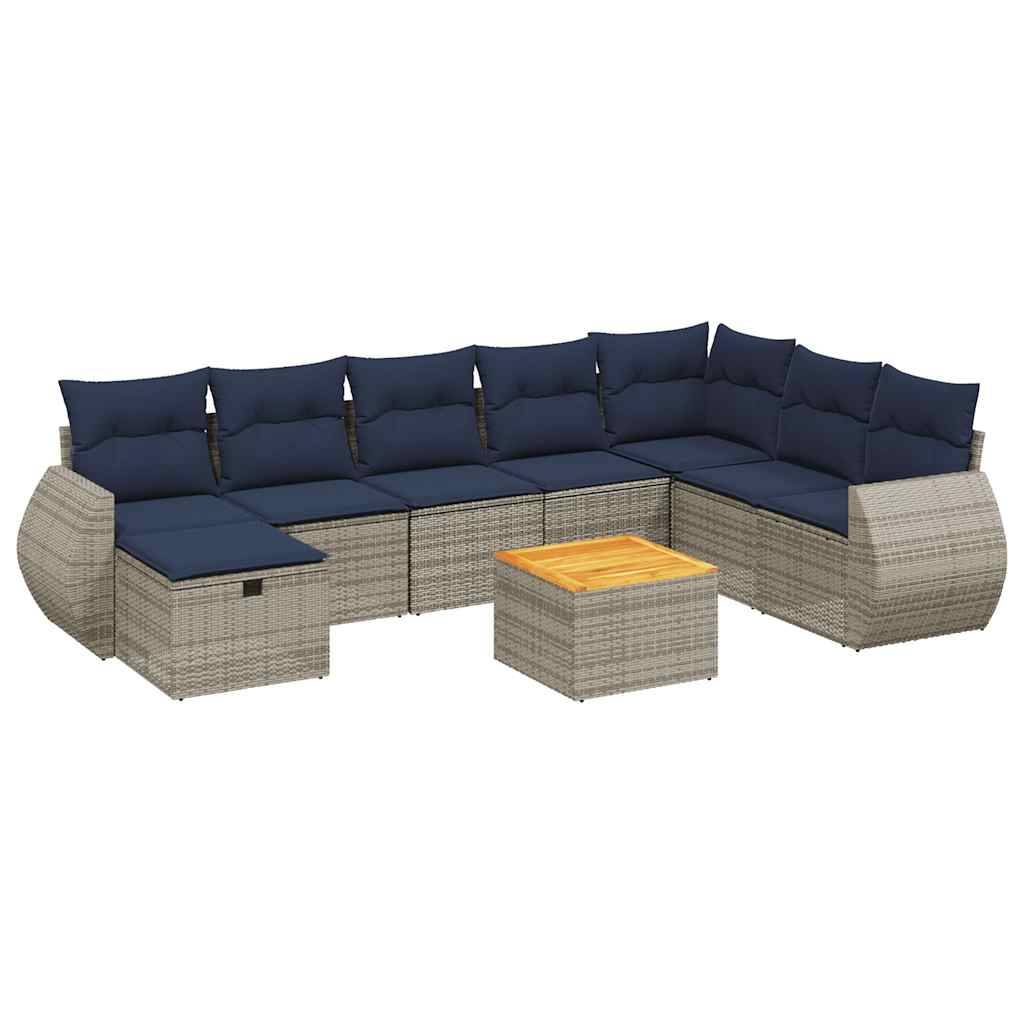 vidaXL 9-teiliges Gartensofa-Set mit Kissen, grau, Polyrattan
