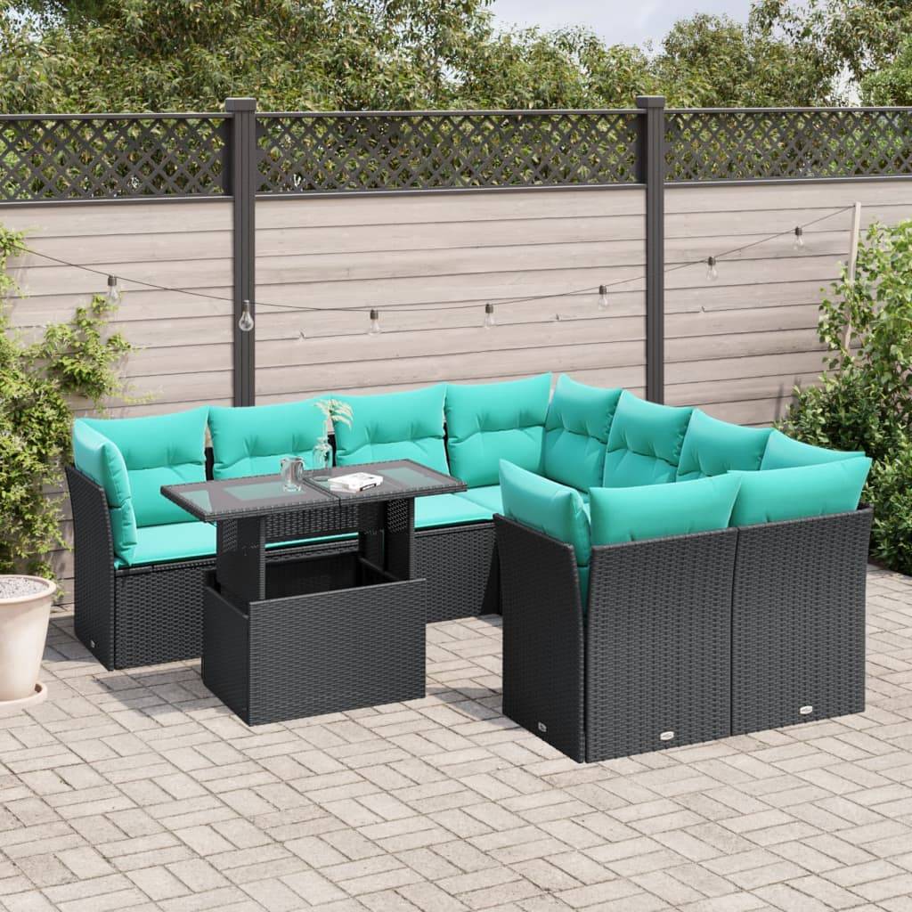 vidaXL 9-teiliges Gartensofa-Set mit Kissen, schwarzes Polyrattan