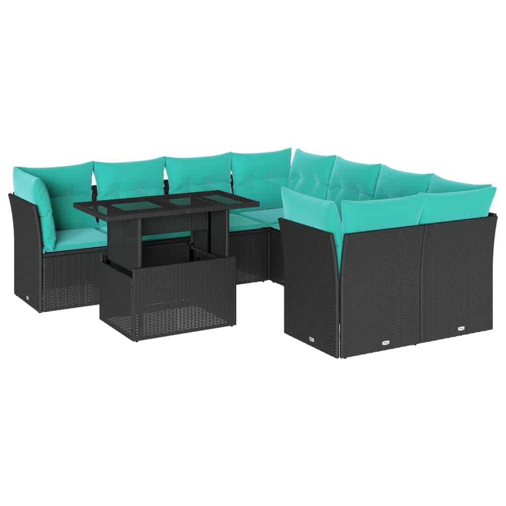 vidaXL 9-teiliges Gartensofa-Set mit Kissen, schwarzes Polyrattan