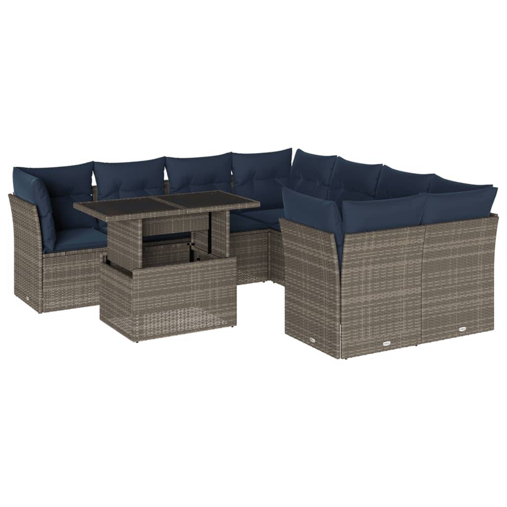vidaXL 9-teiliges Gartensofa-Set mit Kissen, grau, Polyrattan